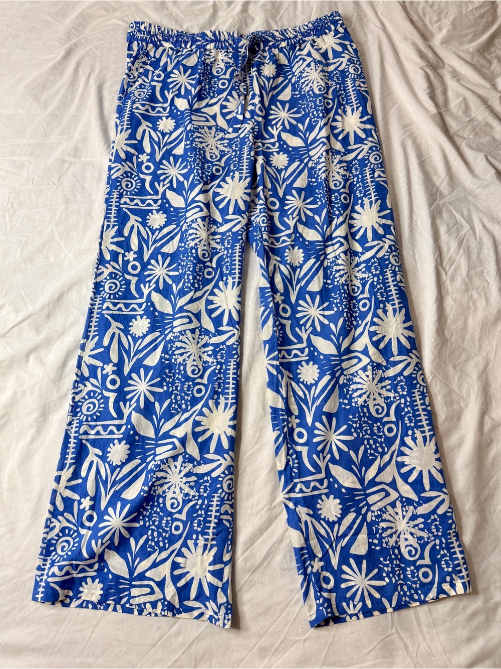 ZARA Men’s XXL Blue White Floral Wide Leg Pants NWT Pull On Printed
